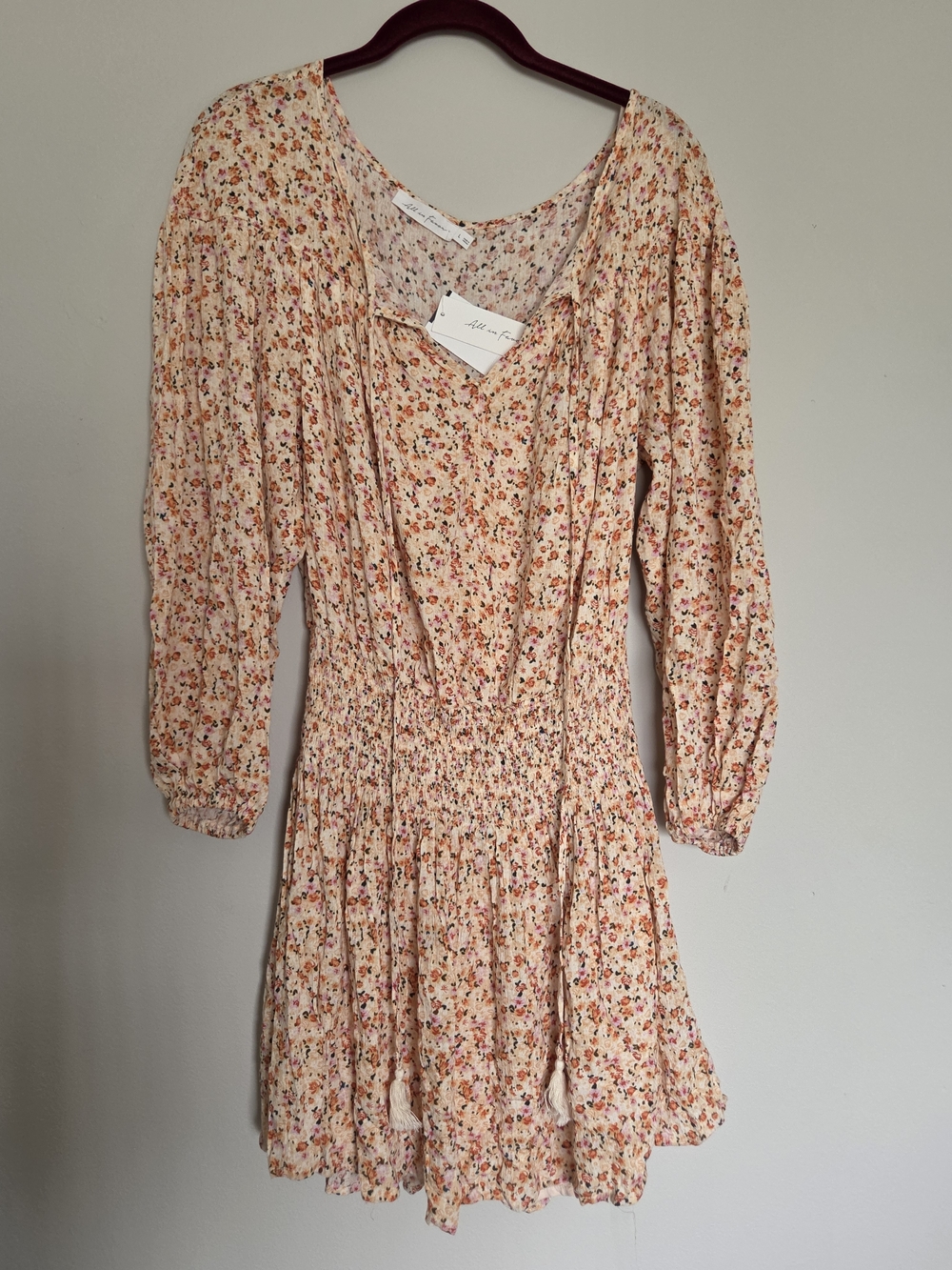 All in Favor Peach Floral Midi Dress with Smocked Waist